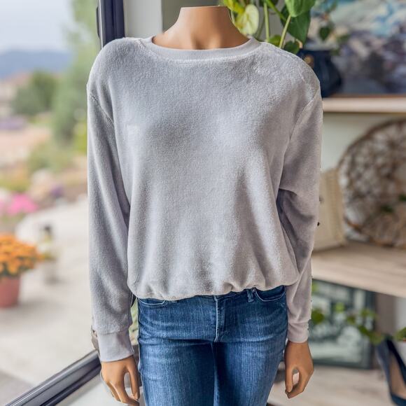 Fifth Sun, Gray Velour Comfy Cozy Sweatshirt/Pajama Top w/ Drawstring, Small - Picture 1 of 9